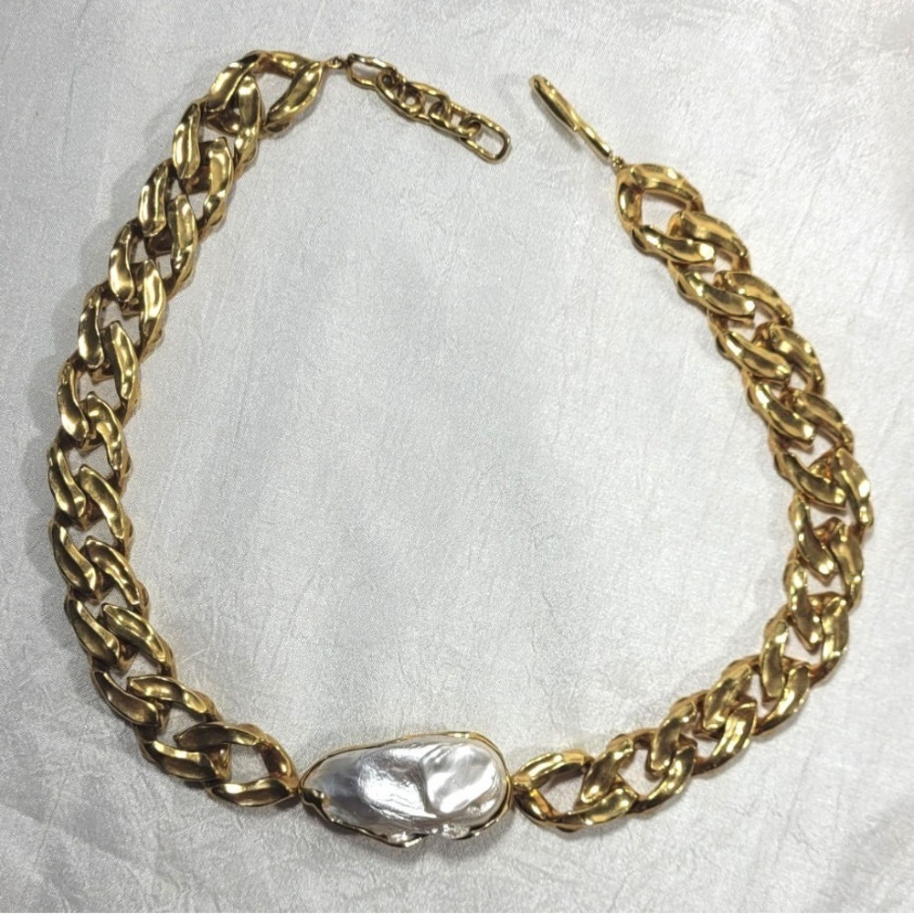 Joanna Laura Constantine 18k Plated Wave Chain Baroque Cultured Pearl Necklace